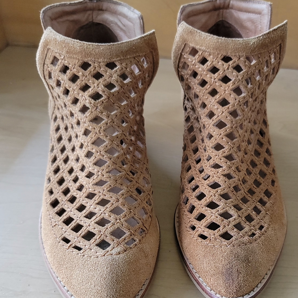 Jeffrey Campbell Laser-Cut Suede Ankle Booties in Tan